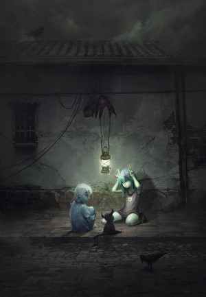 Two children and a black cat under a lantern