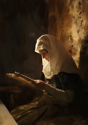 Woman in white headscarf reading a scroll
