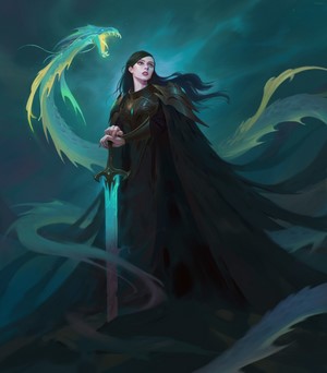 Woman with glowing sword and spectral dragon