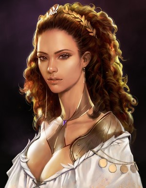Portrait of a woman with curly brown hair and a laurel wreath