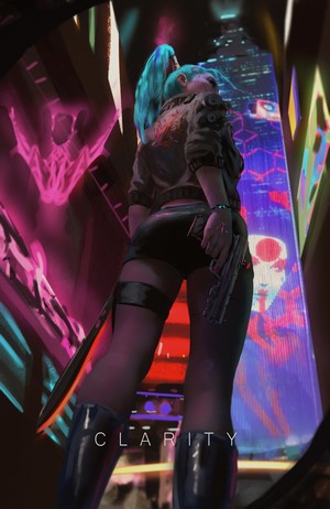 Woman with gun in futuristic city