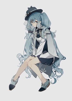 Hatsune Miku from Vocaloid sitting in winter attire