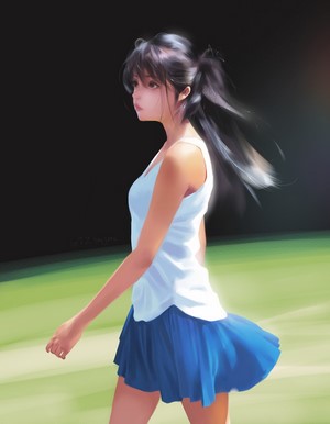 Anime girl with black hair in a white tank top and blue skirt
