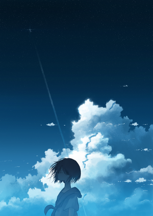 Anime girl looking at the starry sky with clouds