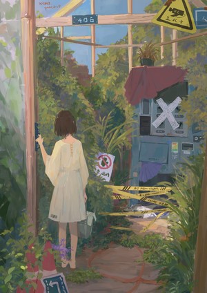 Anime girl in a yellow dress in a greenhouse