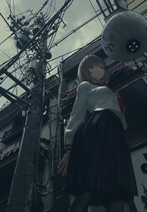 Anime girl in school uniform under power lines