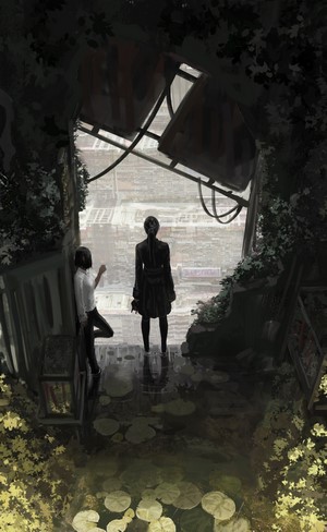 Two figures stand on a balcony overlooking a city