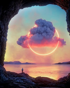 Cave opening overlooking a surreal cloud and ocean landscape