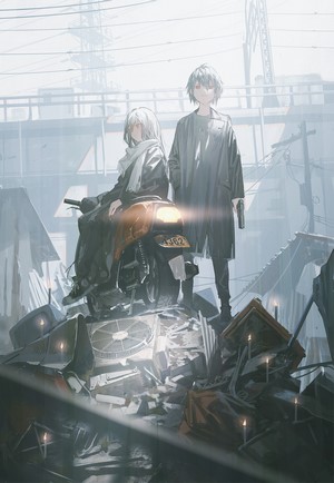Two anime characters with a motorcycle in urban decay