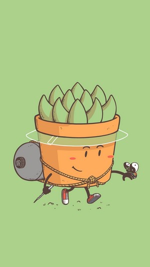 Cartoon succulent plant in a pot walking with a fly