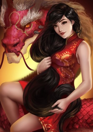 Asian woman with long dark hair and a red dragon