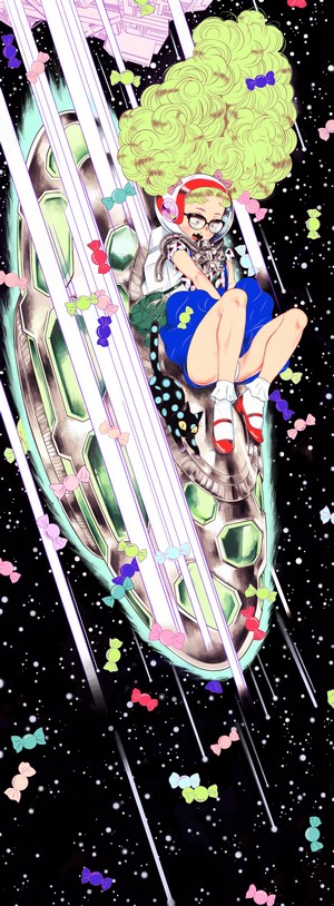 Anime girl with green hair in space with candies