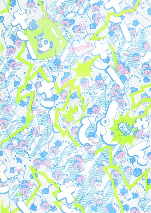 Abstract pattern with cartoon characters and lightning bolts
