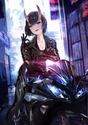 Oni girl with horns on a motorcycle in a neon city