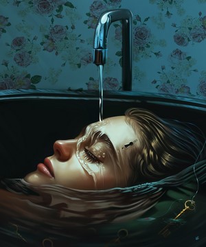 Woman submerged in water with keys and keyhole