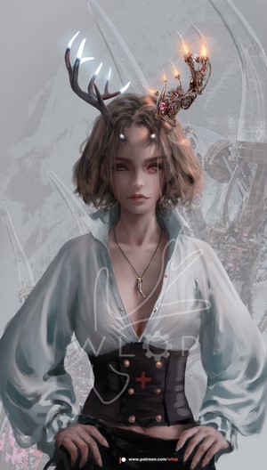 Fantasy girl with mechanical antlers and open shirt