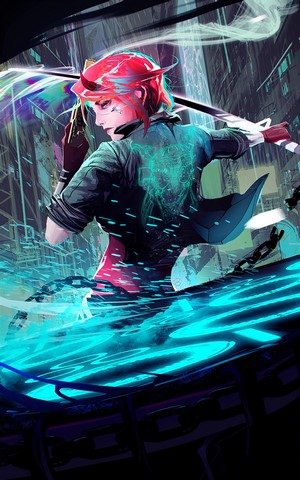 Redhead girl with horns and sword in cyberpunk city