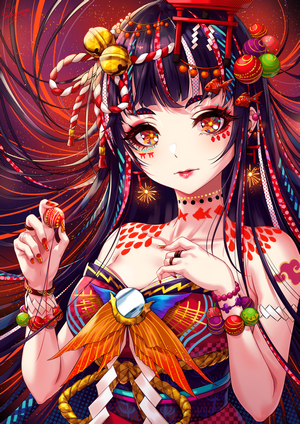 Anime girl with dark hair and Japanese clothes