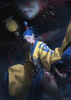 Fantasy art of a woman with blue hair and yellow robe