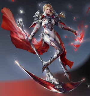 Fantasy warrior girl with scythe and red cape