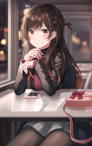 Chizuru Mizuhara from Rent-a-Girlfriend sitting at a table