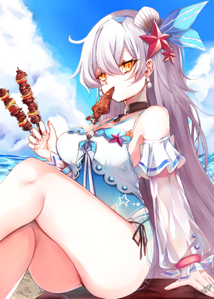 Kiana Kaslana from Honkai Impact 3rd eating skewers at the beach