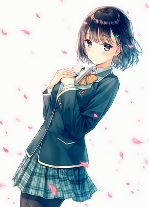 Anime girl in school uniform holding a card