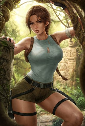 Lara Croft from Tomb Raider in jungle ruins