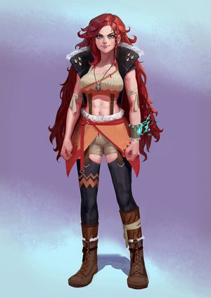 Redhead woman with tribal attire and magical bracelet