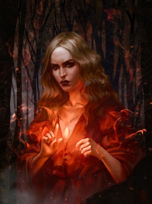 Fantasy art of a blonde woman with red lipstick