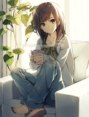 Anime girl with brown hair holding a cup