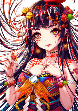 Sakiyamama anime girl with Japanese attire and goldfish motifs