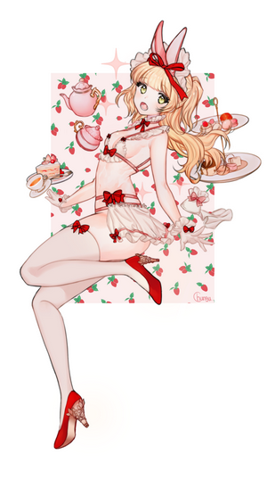 Anime girl in maid bikini with strawberries and tea