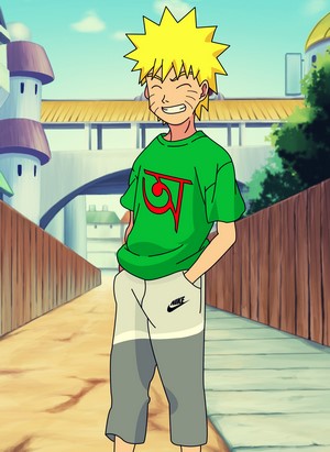 Naruto Uzumaki from Naruto Shippuden wearing a green t-shirt