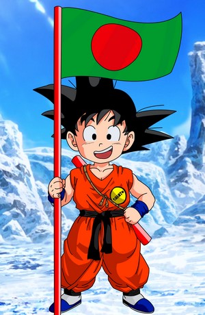 Kid Goku Holding Bangladesh Flag in Snowy Landscape