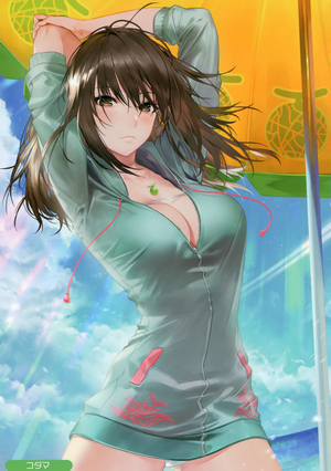 Anime girl in a hoodie on the beach