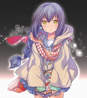 Anime girl with purple hair and yellow eyes