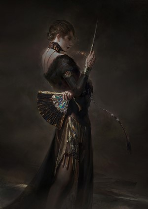Woman in black dress holding a fan and wand