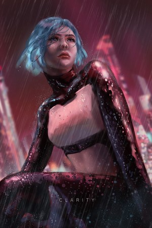 Woman with blue hair in the rain
