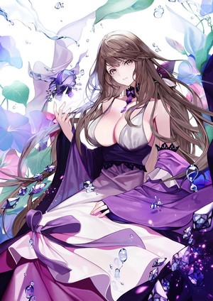 Anime girl with long brown hair in a purple dress