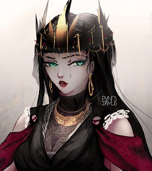 Queen with Black Hair and Green Eyes Wearing a Crown