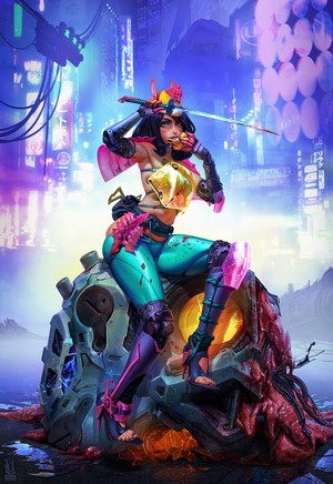 Cyberpunk woman with katana sitting on a mechanical object