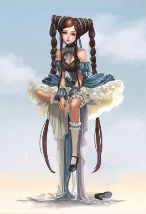 Fantasy girl in blue dress sitting on a cloud