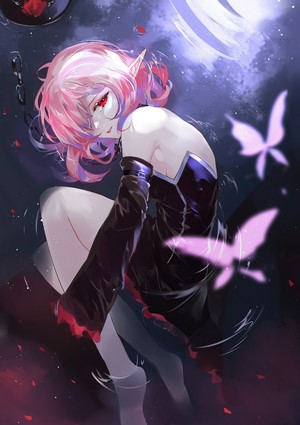 Anime girl with pink hair and red eyes in a black dress
