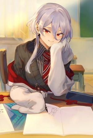 Anime girl with silver hair and red eyes in a classroom