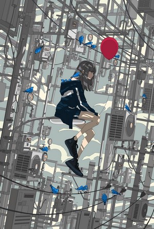 Anime girl with birds and red balloon surrounded by pipes