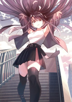 Anime girl with long dark hair on stairs