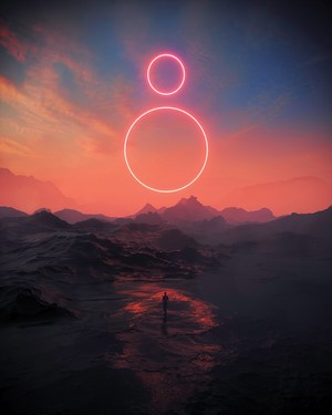 Neon circles above a solitary figure in a mountainous landscape