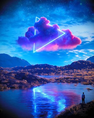Neon Triangle Cloud Over Mountain Lake Landscape