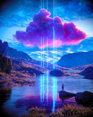 Neon Blue Lake and Mountains Digital Art